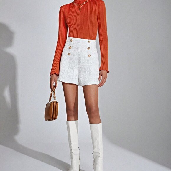 White Elegant Women's High Waist Metal Button Double-Breasted Tweed Shorts - Picture 3 of 5